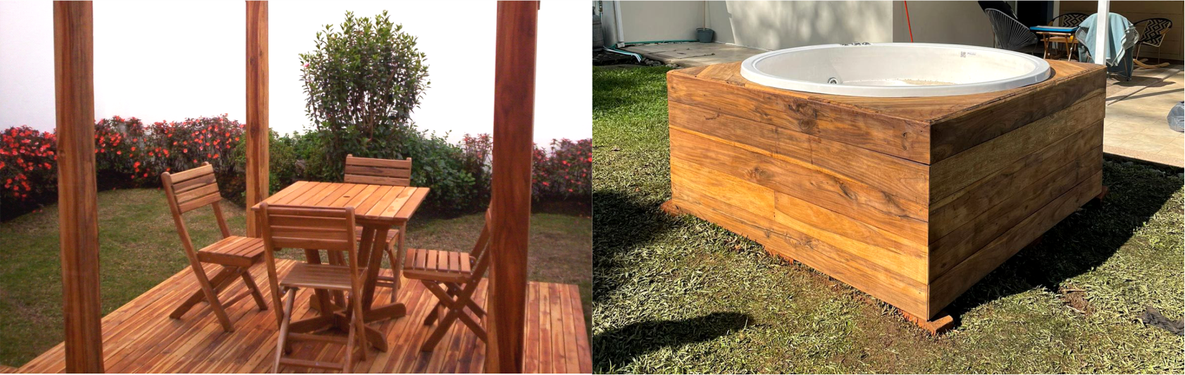 1- PERGOLA, DECK Y MUEBLES TECA – ENCHAPE JACUZZI NOGAL MADERA: TECA Y NOGAL